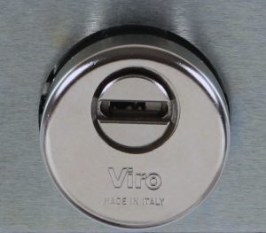 Detail of security escutcheon with rotating drill-resistant plate which protects the cylinder of the Viro 1.8270 Series locks.