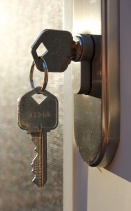 Instead of the knob you can use a key which is removed when you leave. In this case, if you want to keep the possibility of opening the lock even from the outside you must use a frictioned cylinder